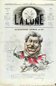 1866年12月2日の雑誌「La Lune」の表紙からの銃士としてのアレクサンドルデュマペレ（1803-70）の風刺画